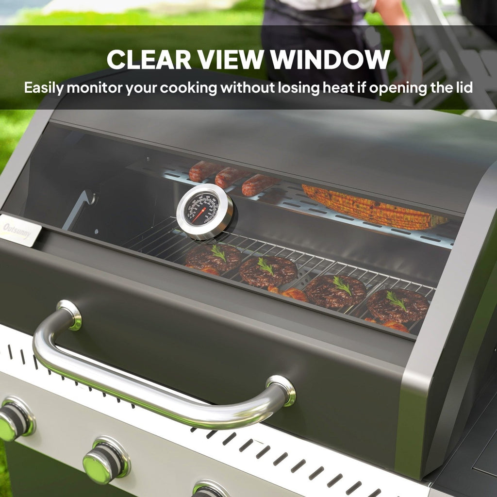4+1 Burner Grill with Clear View Lid, Portable Gas Grill with Built-in Thermometer, Side Table, Cabinet, Wheels, Grease Tray