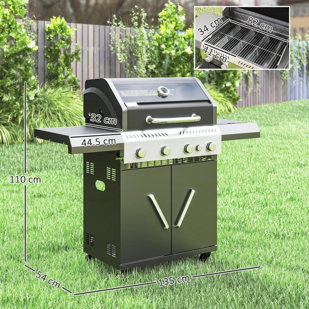 4+1 Burner Grill with Clear View Lid, Portable Gas Grill with Built-in Thermometer, Side Table, Cabinet, Wheels, Grease Tray