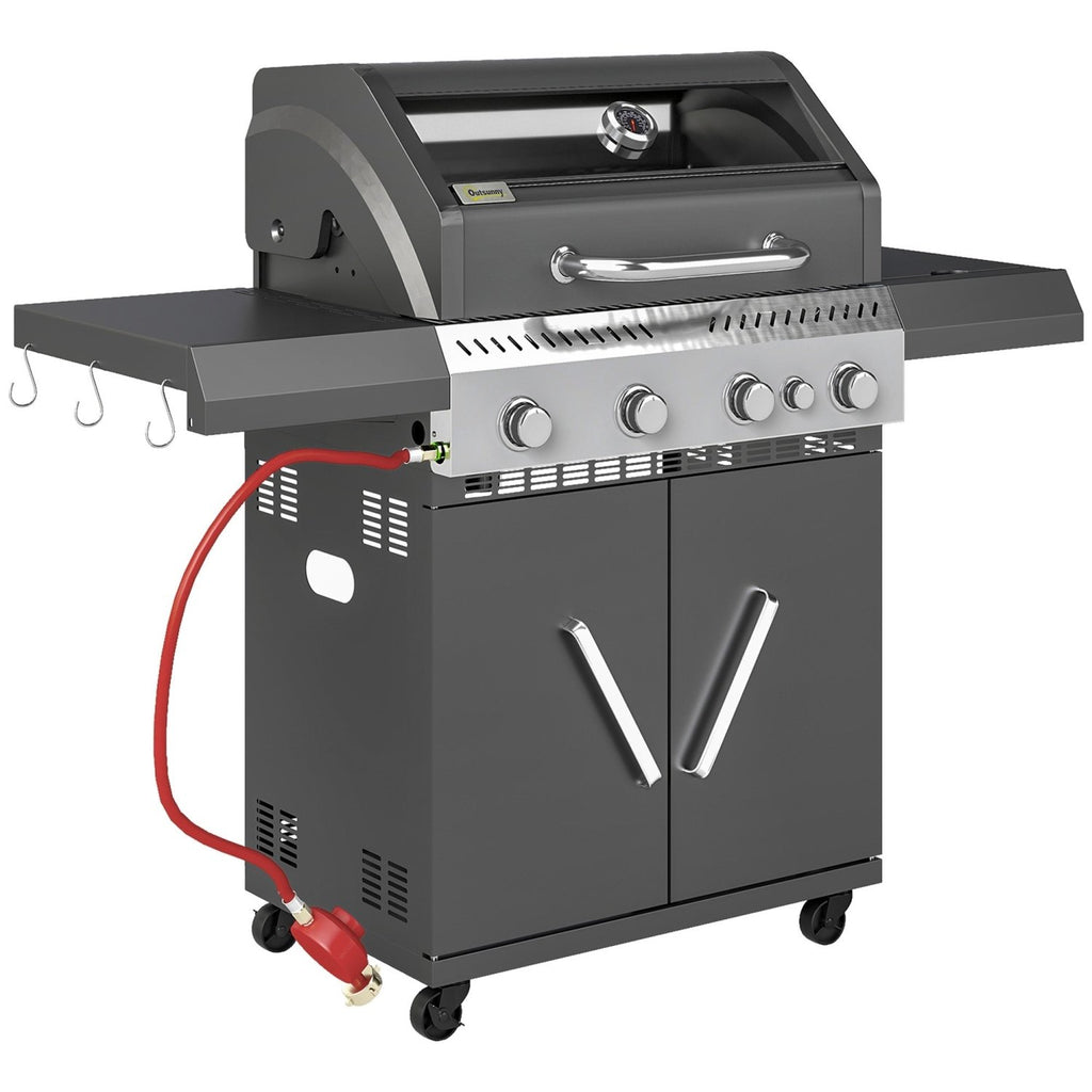 4+1 Burner Grill with Clear View Lid, Portable Gas Grill with Built-in Thermometer, Side Table, Cabinet, Wheels, Grease Tray