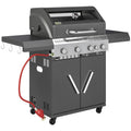 4+1 Burner Grill with Clear View Lid, Portable Gas Grill with Built-in Thermometer, Side Table, Cabinet, Wheels, Grease Tray