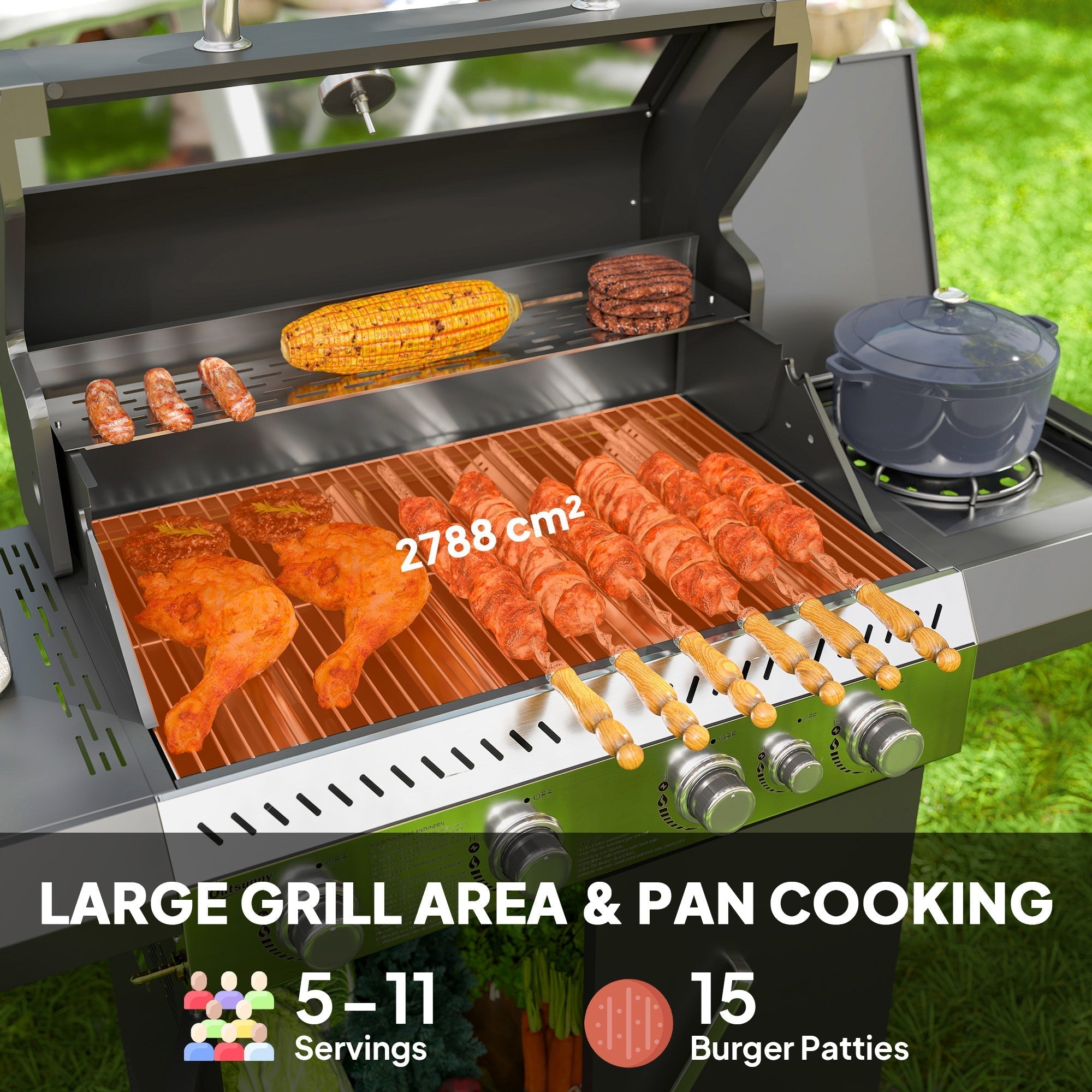 Outsunny 4+1 Burner Gas BBQ Grill with Clear View Lid, Portable Gas Barbecue Grill with Built-in Thermometer, Side Table, Cabinet, Wheels, Grease Tray for Garden Party Outdoor Cooking, Black - SGP Garden Ltd