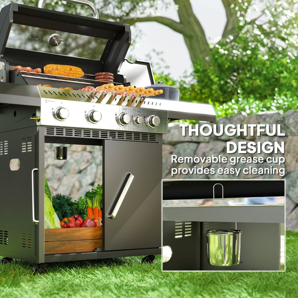 4+1 Burner Grill with Clear View Lid, Portable Gas Grill with Built-in Thermometer, Side Table, Cabinet, Wheels, Grease Tray