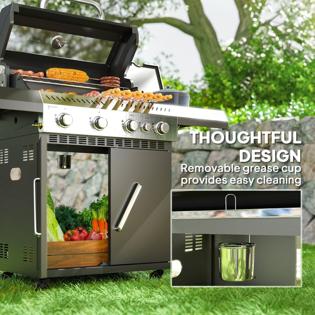 4+1 Burner Grill with Clear View Lid, Portable Gas Grill with Built-in Thermometer, Side Table, Cabinet, Wheels, Grease Tray