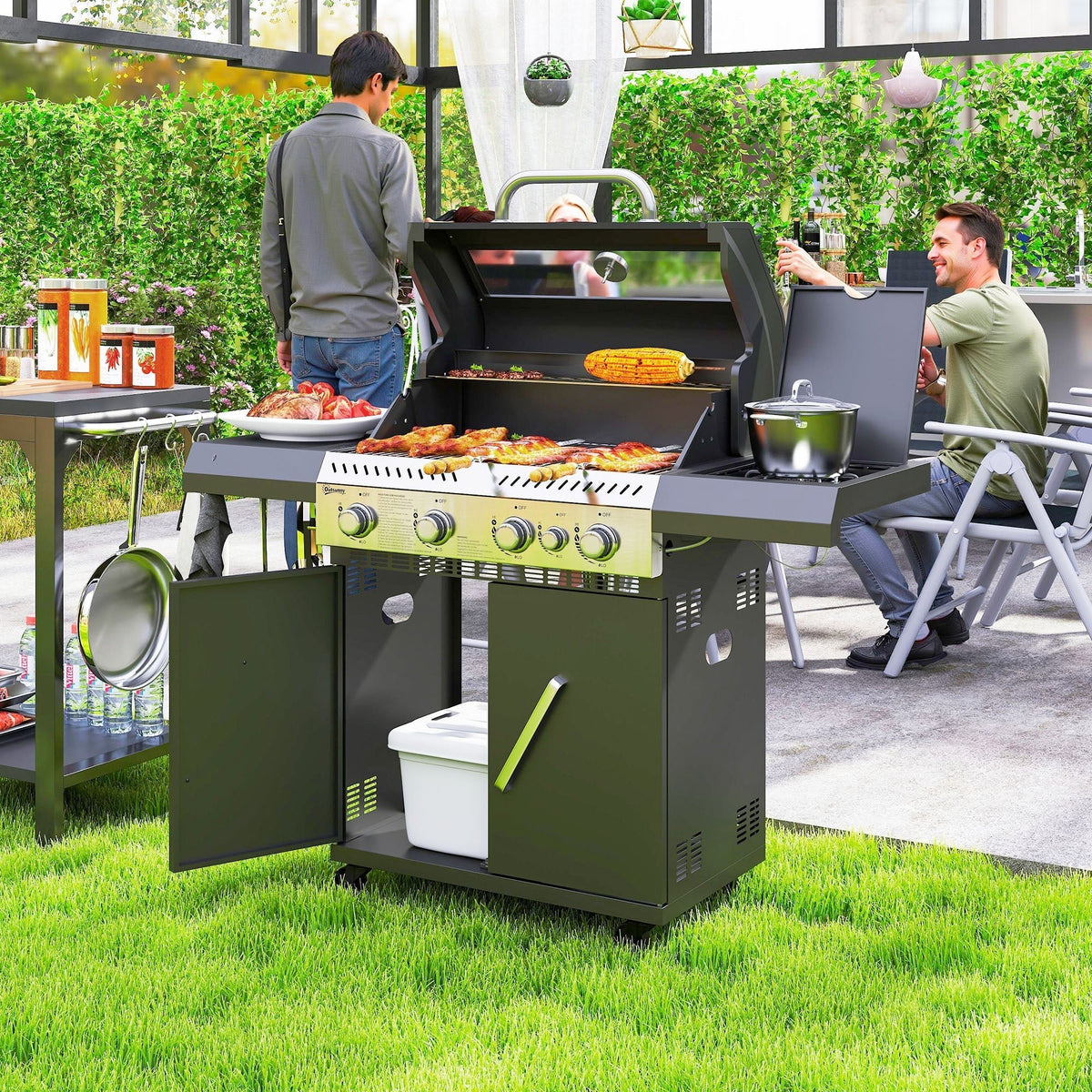 Outsunny 4+1 Burner Gas BBQ Grill with Clear View Lid, Portable Gas Barbecue Grill with Built-in Thermometer, Side Table, Cabinet, Wheels, Grease Tray for Garden Party Outdoor Cooking, Black - SGP Garden Ltd
