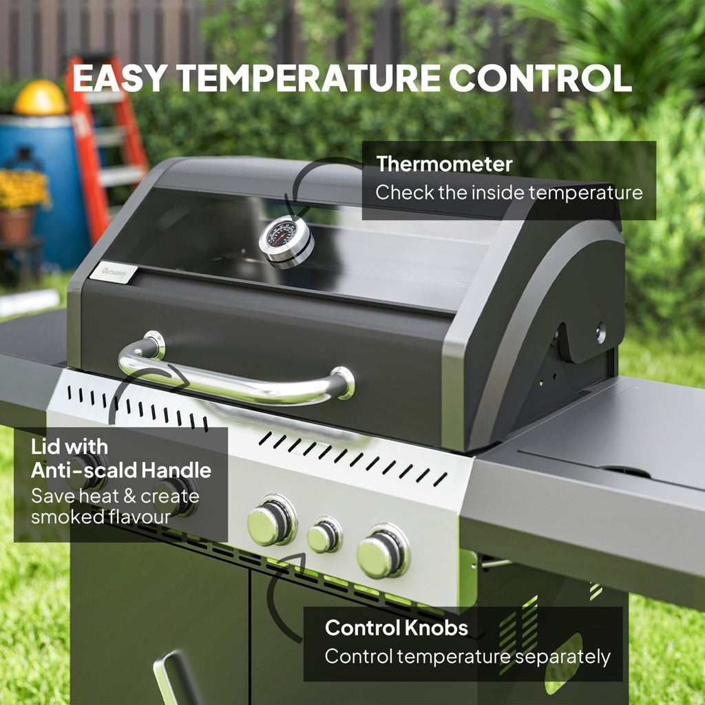 4+1 Burner Grill with Clear View Lid, Portable Gas Grill with Built-in Thermometer, Side Table, Cabinet, Wheels, Grease Tray