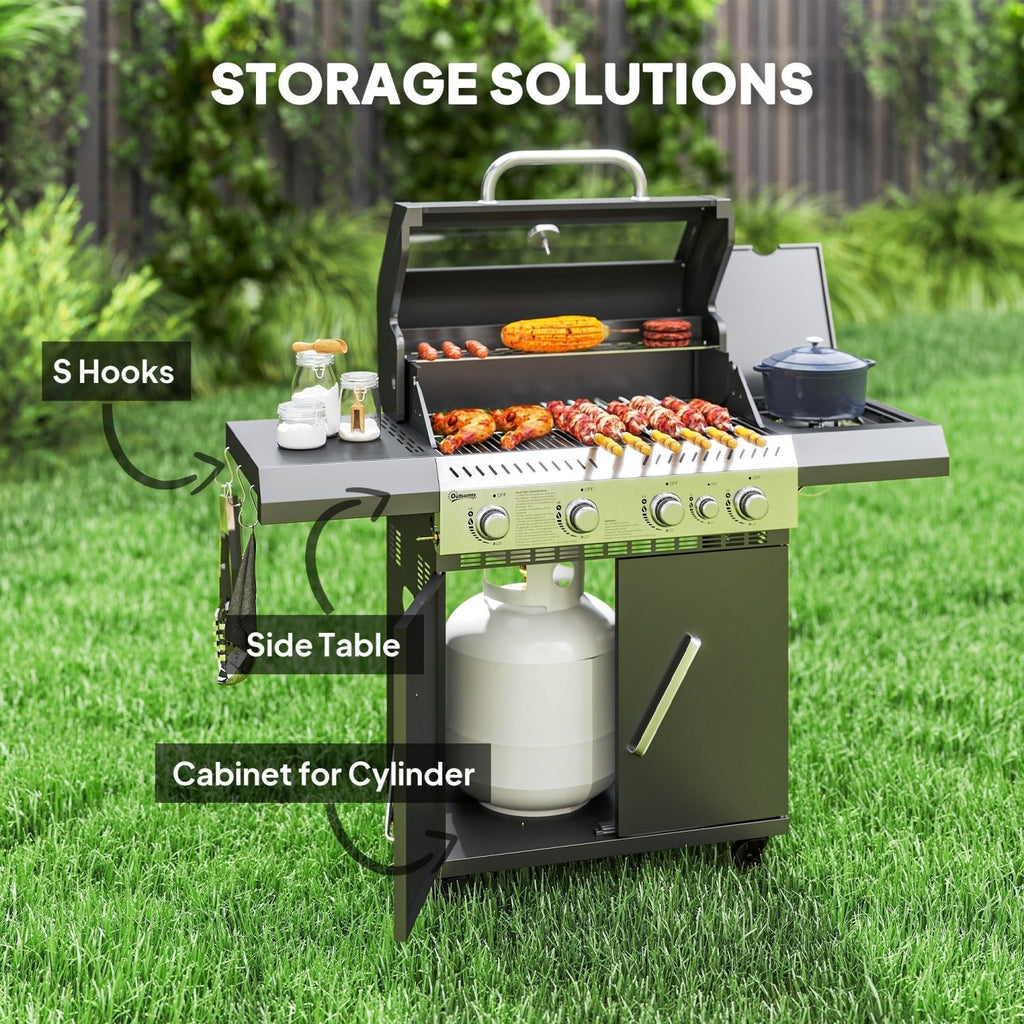 4+1 Burner Grill with Clear View Lid, Portable Gas Grill with Built-in Thermometer, Side Table, Cabinet, Wheels, Grease Tray