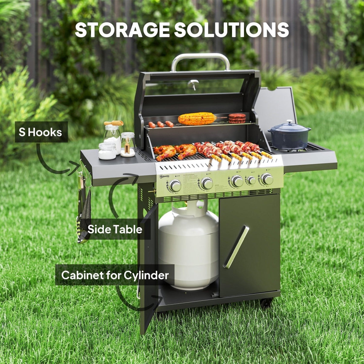 4+1 Burner Grill with Clear View Lid, Portable Gas Grill with Built-in Thermometer, Side Table, Cabinet, Wheels, Grease Tray