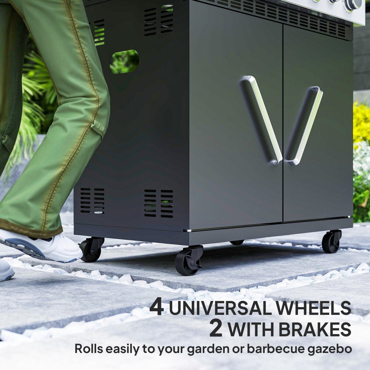4+1 Burner Grill with Clear View Lid, Portable Gas Grill with Built-in Thermometer, Side Table, Cabinet, Wheels, Grease Tray