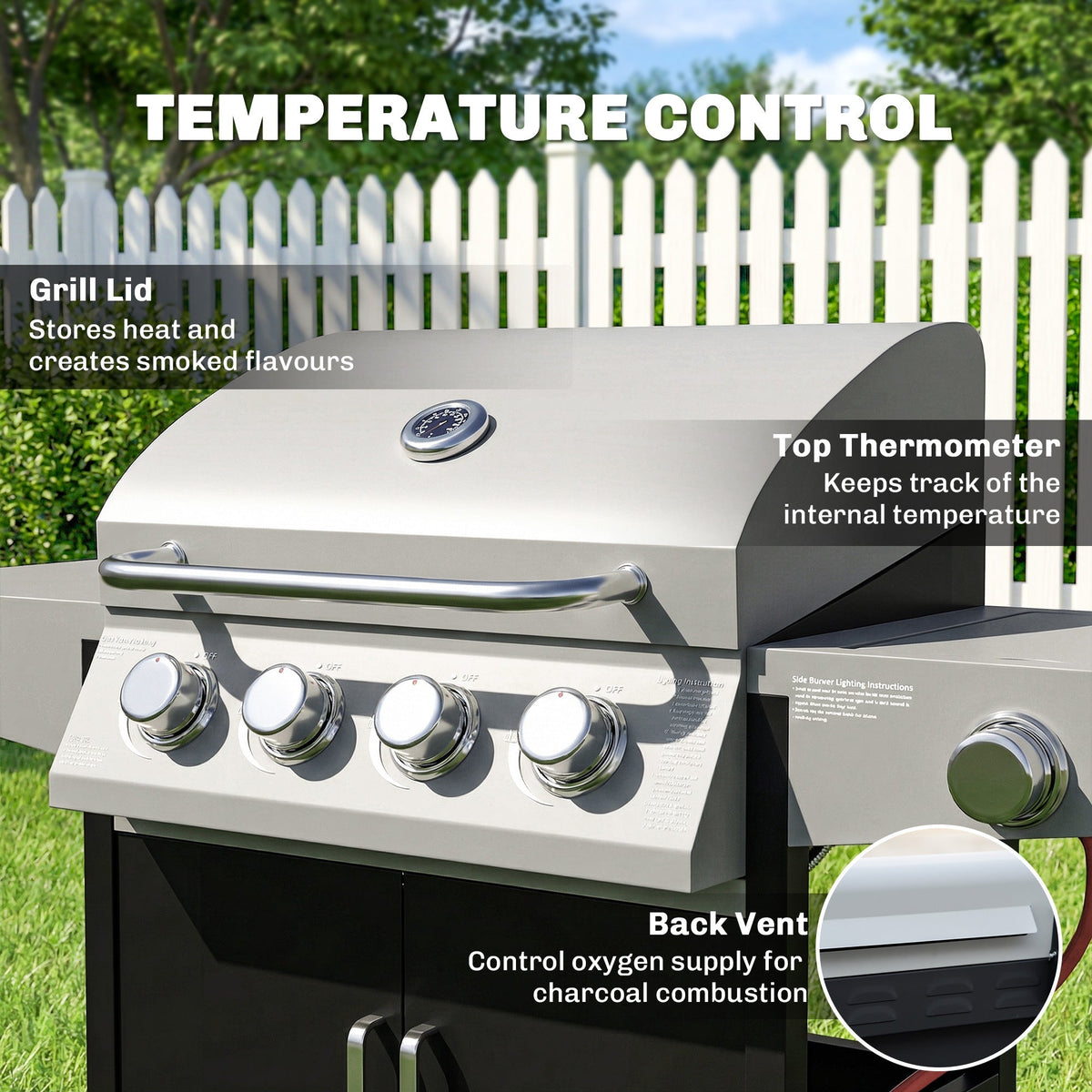 Outsunny 4+1 Burner Gas BBQ Grill with Side Burner, 50000 BTU Steel Portable Gas Barbecue Grill with Built-in Thermometer, Lid - SGP Garden Ltd