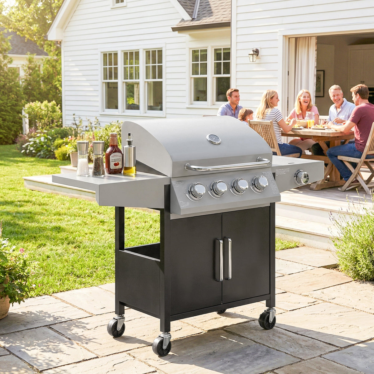 Outsunny 4+1 Burner Gas BBQ Grill with Side Burner, 50000 BTU Steel Portable Gas Barbecue Grill with Built-in Thermometer, Lid - SGP Garden Ltd
