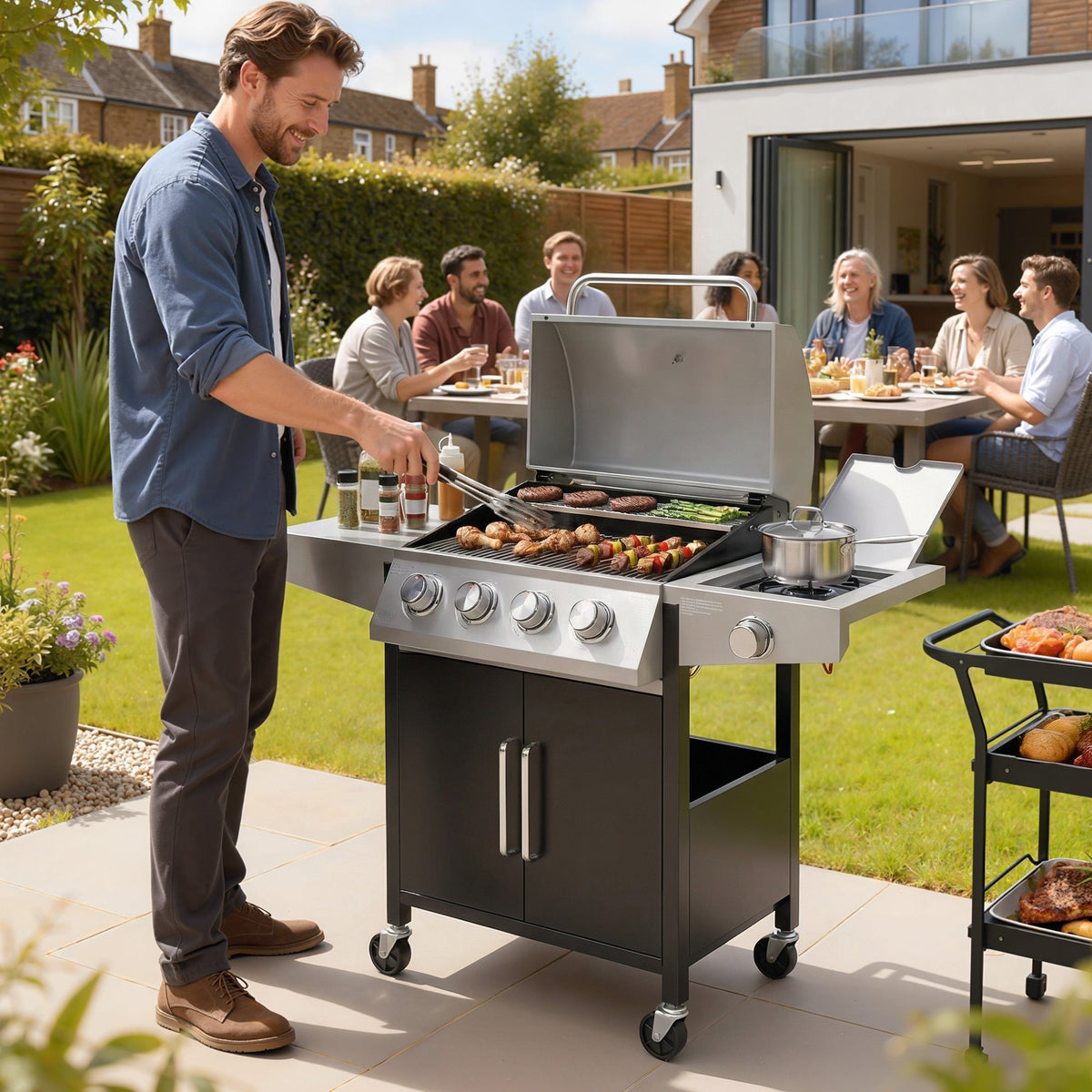 Outsunny 4+1 Burner Gas BBQ Grill with Side Burner, 50000 BTU Steel Portable Gas Barbecue Grill with Built-in Thermometer, Lid - SGP Garden Ltd