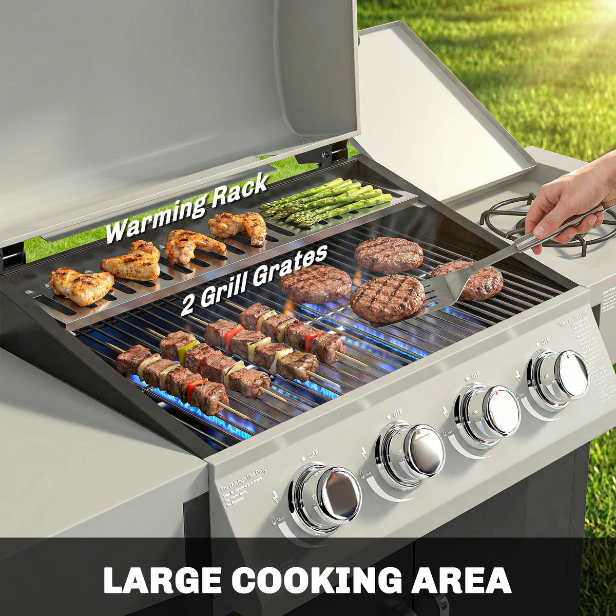 Outsunny 4+1 Burner Gas BBQ Grill with Side Burner, 50000 BTU Steel Portable Gas Barbecue Grill with Built-in Thermometer, Lid - SGP Garden Ltd