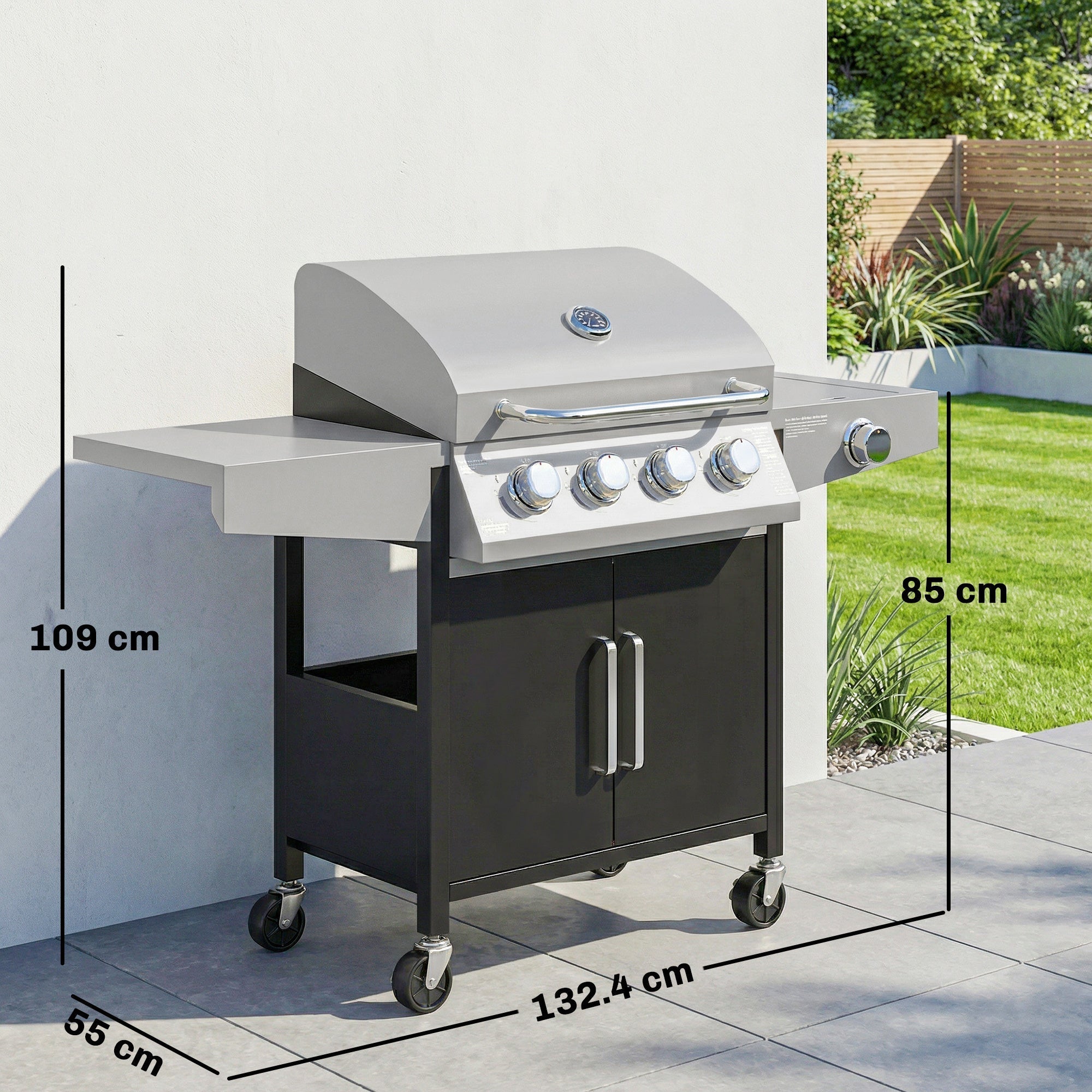 Outsunny 4+1 Burner Gas BBQ Grill with Side Burner, 50000 BTU Steel Portable Gas Barbecue Grill with Built-in Thermometer, Lid - SGP Garden Ltd