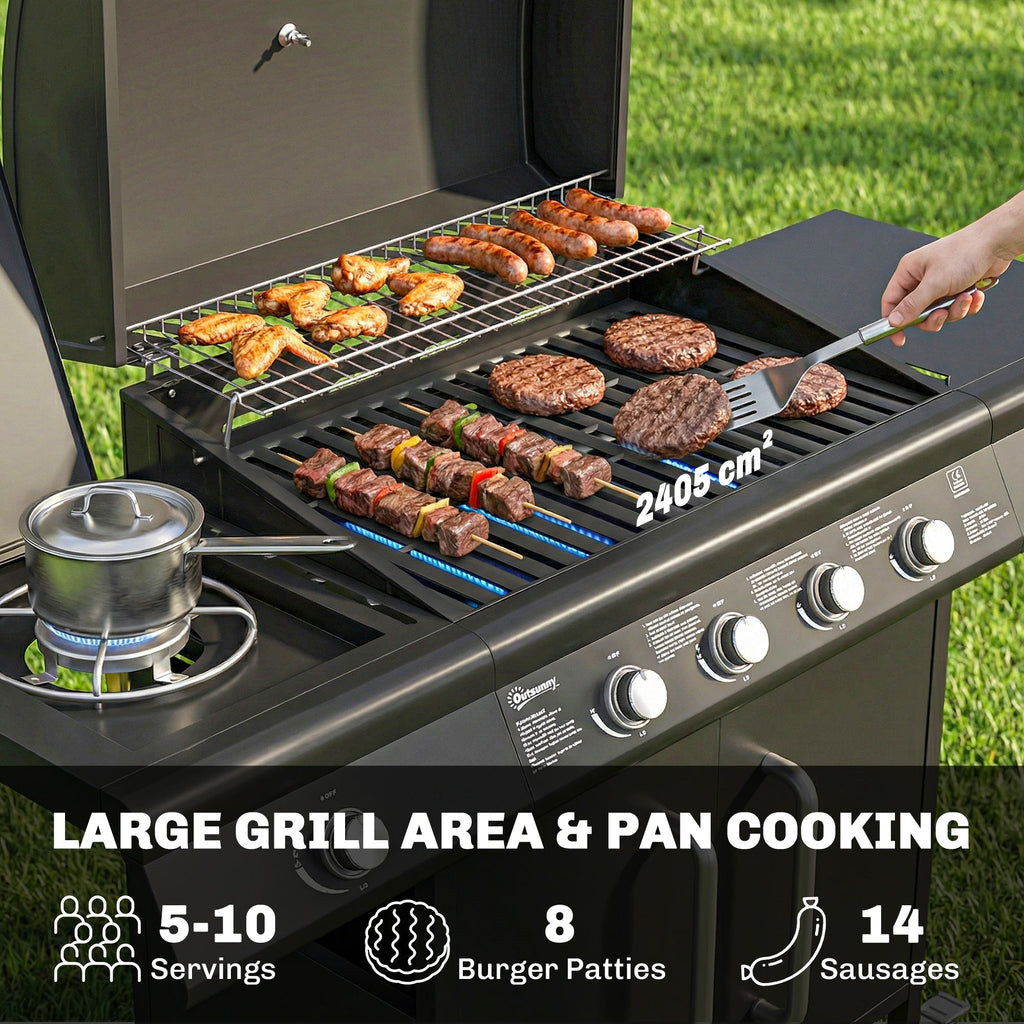 Outsunny 4+1 Burner Gas BBQ Grill with Storage Cabinet, 15.2 kW Gas Barbecue Trolley with Side Table, 4 Wheels, Warming Rack - SGP Garden Ltd