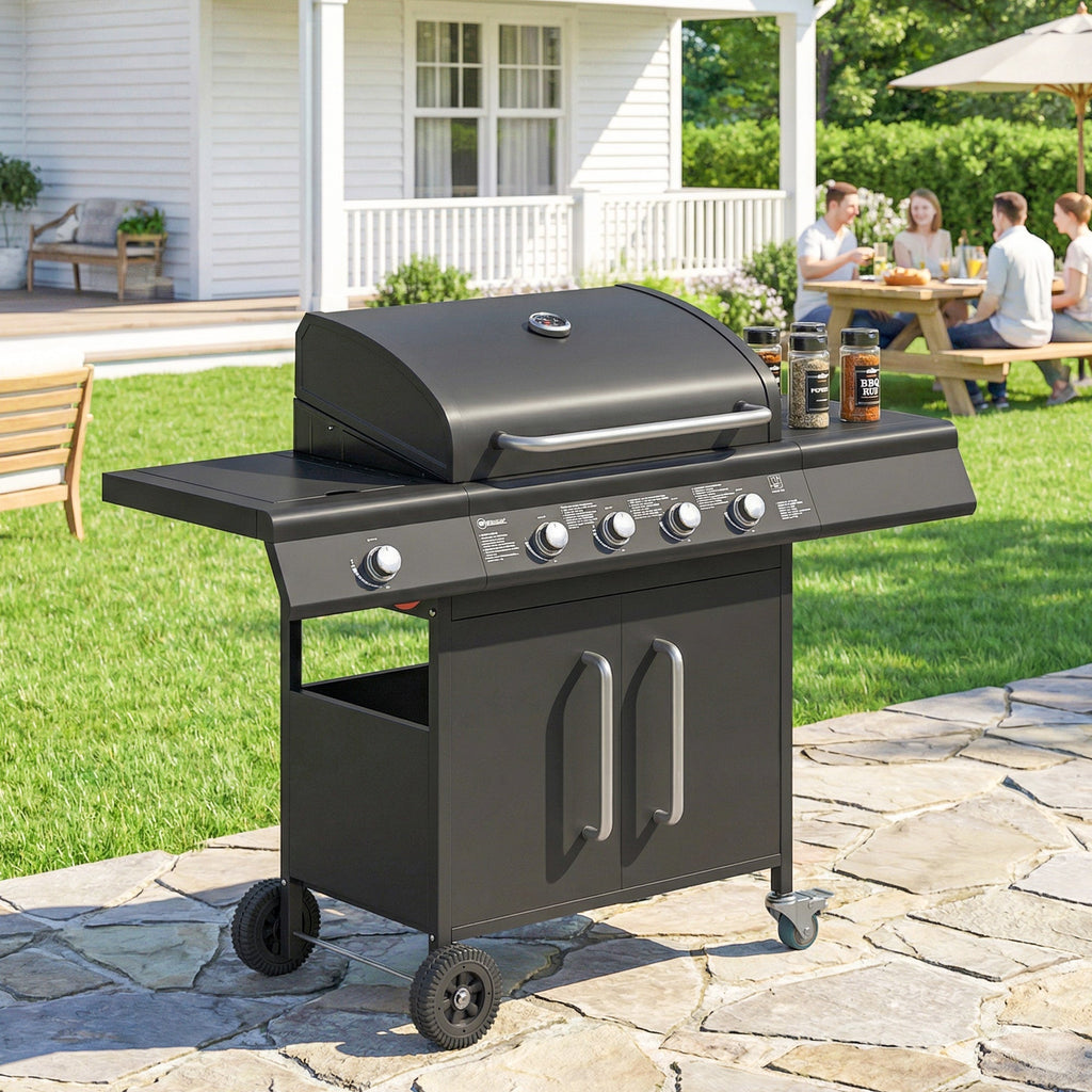 Outsunny 4+1 Burner Gas BBQ Grill with Storage Cabinet, 15.2 kW Gas Barbecue Trolley with Side Table, 4 Wheels, Warming Rack - SGP Garden Ltd