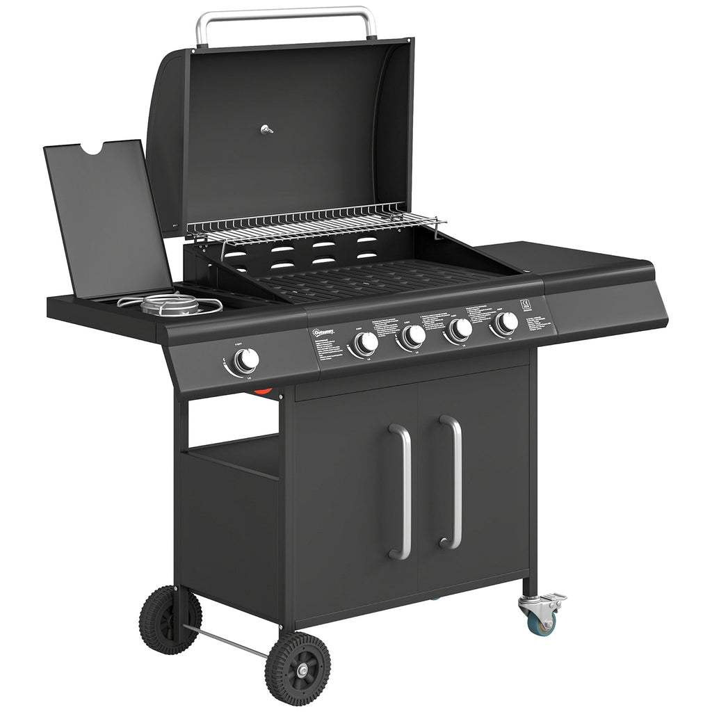 Outsunny 4+1 Burner Gas BBQ Grill with Storage Cabinet, 15.2 kW Gas Barbecue Trolley with Side Table, 4 Wheels, Warming Rack - SGP Garden Ltd