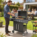 Outsunny 4+1 Burner Gas BBQ Grill with Storage Cabinet, 15.2 kW Gas Barbecue Trolley with Side Table, 4 Wheels, Warming Rack - SGP Garden Ltd