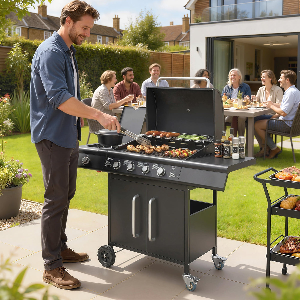 Outsunny 4+1 Burner Gas BBQ Grill with Storage Cabinet, 15.2 kW Gas Barbecue Trolley with Side Table, 4 Wheels, Warming Rack - SGP Garden Ltd