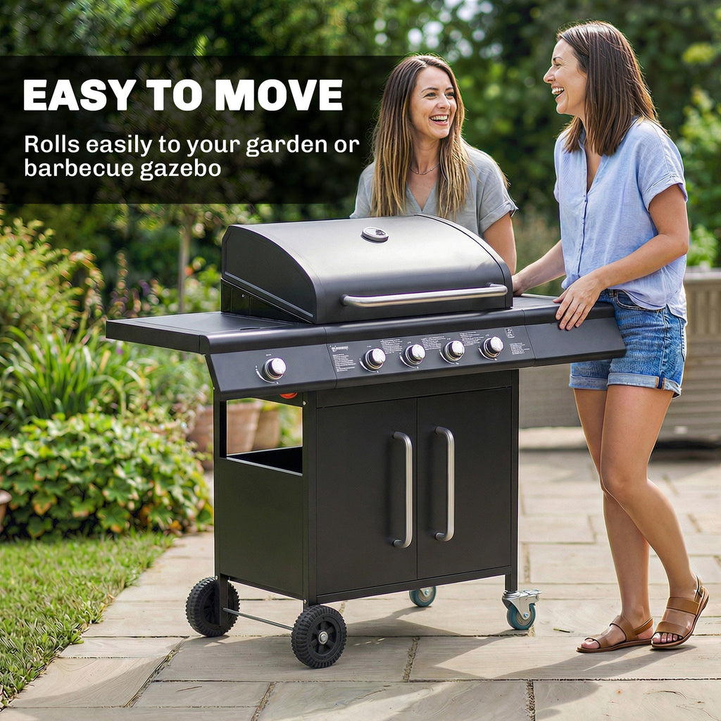 Outsunny 4+1 Burner Gas BBQ Grill with Storage Cabinet, 15.2 kW Gas Barbecue Trolley with Side Table, 4 Wheels, Warming Rack - SGP Garden Ltd