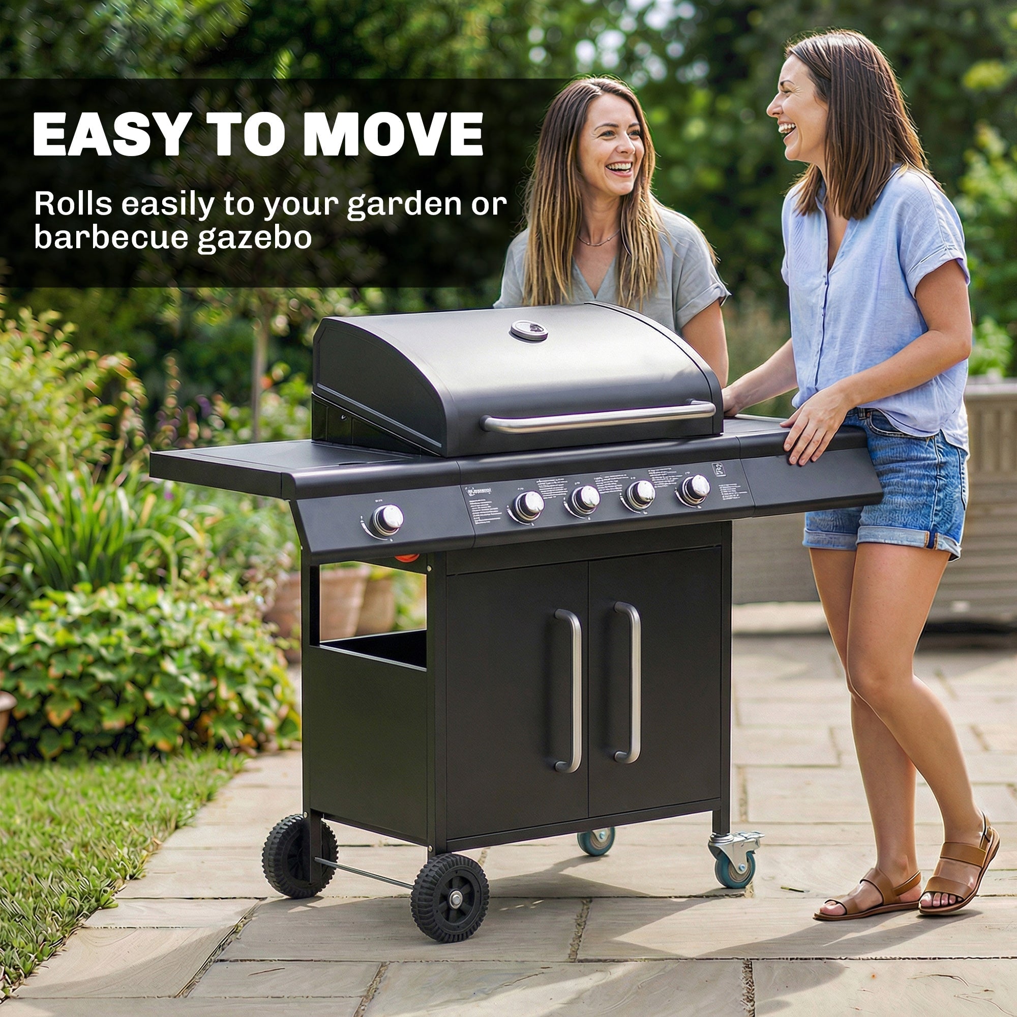 Outsunny 4+1 Burner Gas BBQ Grill with Storage Cabinet, 15.2 kW Gas Barbecue Trolley with Side Table, 4 Wheels, Warming Rack - SGP Garden Ltd