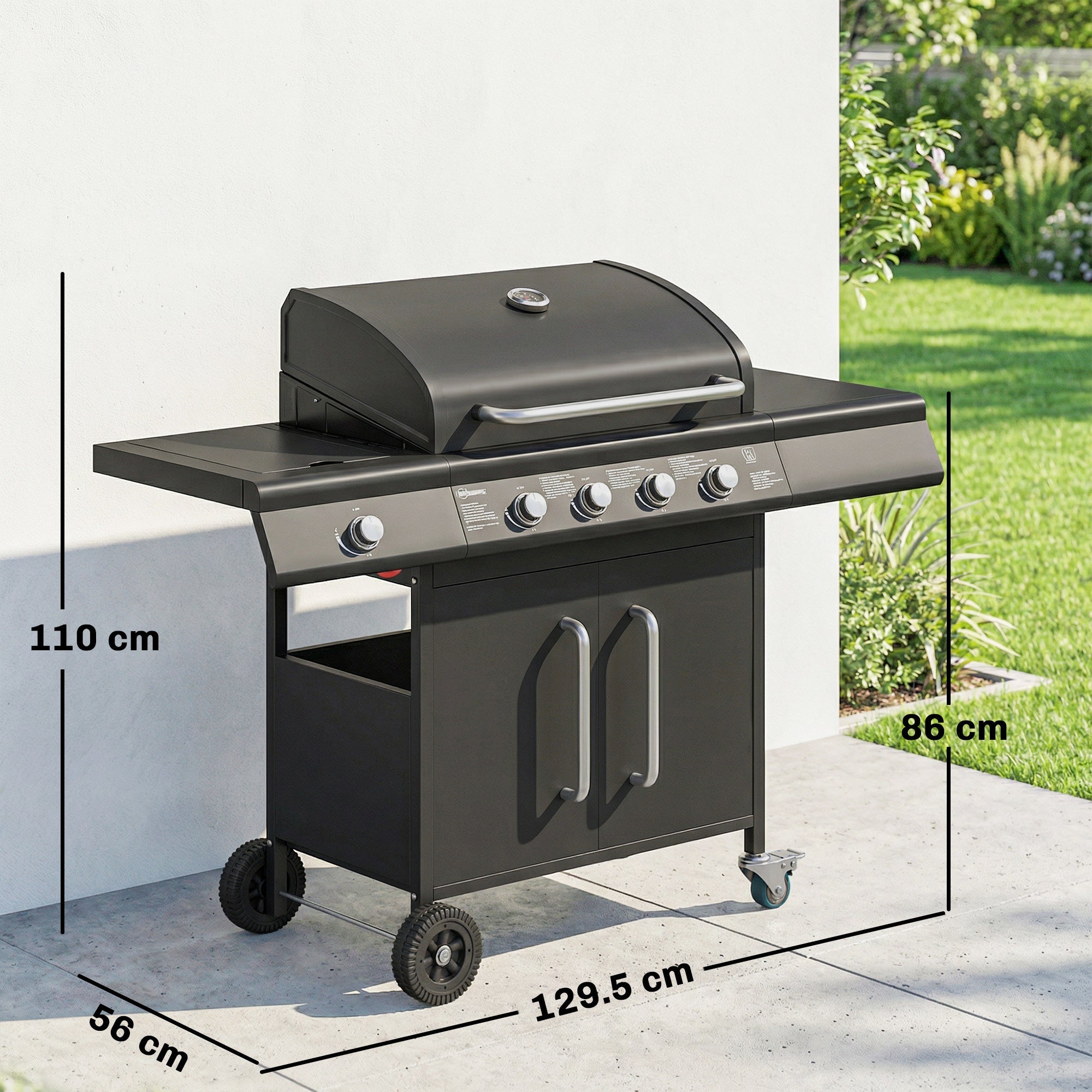 Outsunny 4+1 Burner Gas BBQ Grill with Storage Cabinet, 15.2 kW Gas Barbecue Trolley with Side Table, 4 Wheels, Warming Rack - SGP Garden Ltd