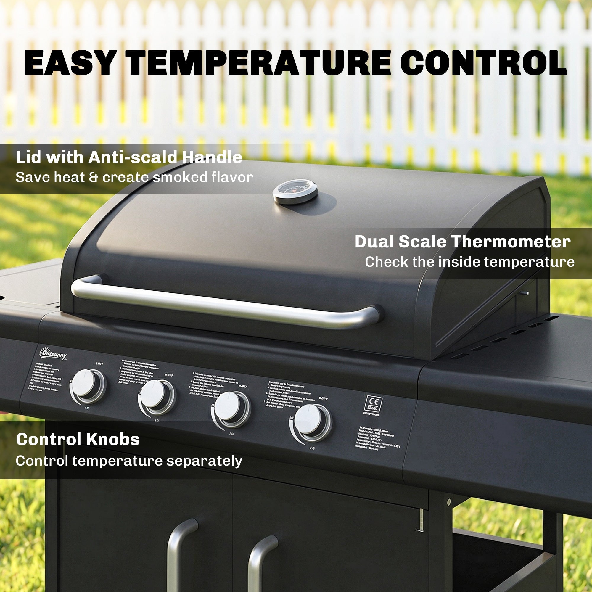 Outsunny 4+1 Burner Gas BBQ Grill with Storage Cabinet, 15.2 kW Gas Barbecue Trolley with Side Table, 4 Wheels, Warming Rack - SGP Garden Ltd