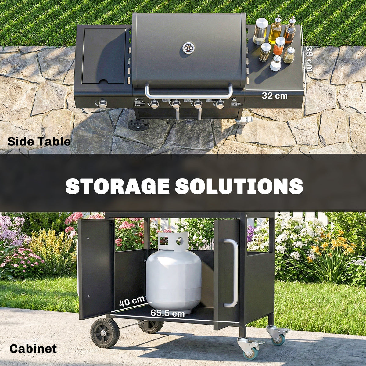 Outsunny 4+1 Burner Gas BBQ Grill with Storage Cabinet, 15.2 kW Gas Barbecue Trolley with Side Table, 4 Wheels, Warming Rack - SGP Garden Ltd