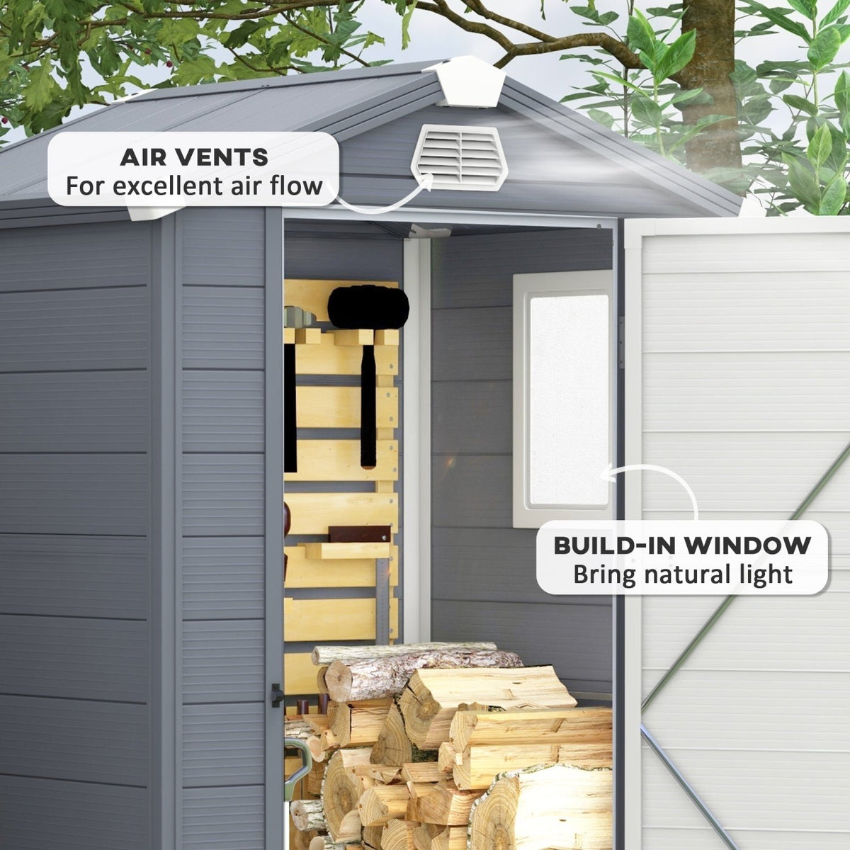 Outsunny 4.4ft x 3.3ft size Aluminium Frame and Plastic Wall Shed, with Foundation - Grey - SGP Garden Ltd
