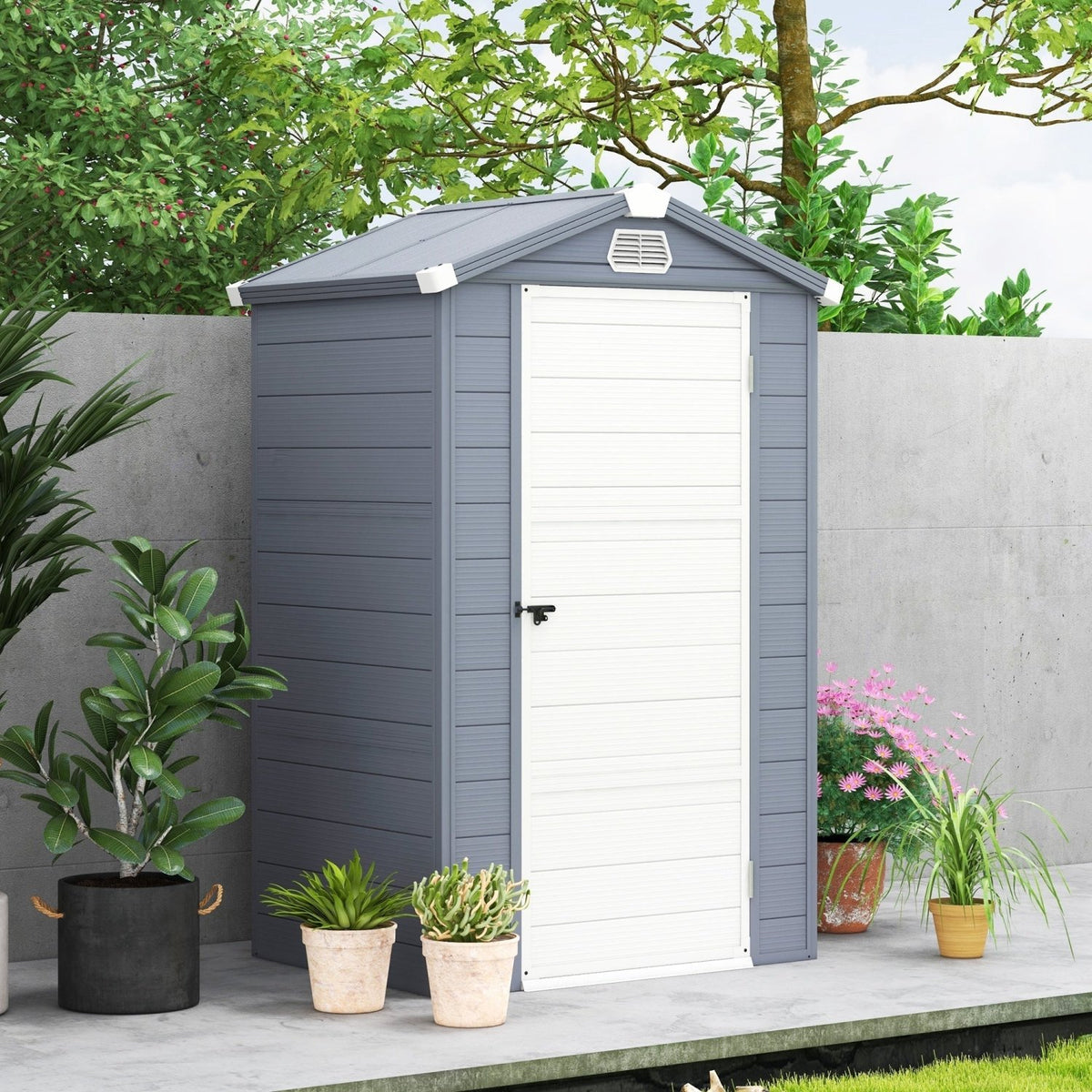 Outsunny 4.4ft x 3.3ft size Aluminium Frame and Plastic Wall Shed, with Foundation - Grey - SGP Garden Ltd