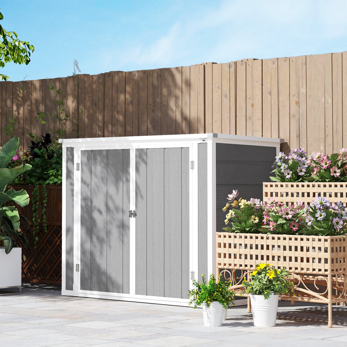Outsunny 4.7 x 2.5FT Garden Shed, Double Bin Storage Shed with Lockable Doors, Outdoor Small Shed with Openable Lid for 2 Trash Cans, Garden Tools, Grey - SGP Garden Ltd