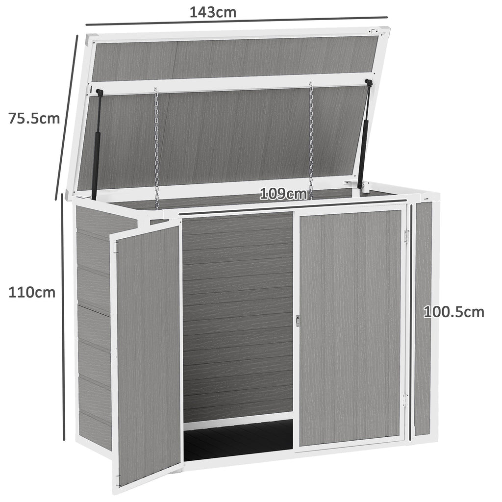Outsunny 4.7 x 2.5FT Garden Shed, Double Bin Storage Shed with Lockable Doors, Outdoor Small Shed with Openable Lid for 2 Trash Cans, Garden Tools, Grey - SGP Garden Ltd