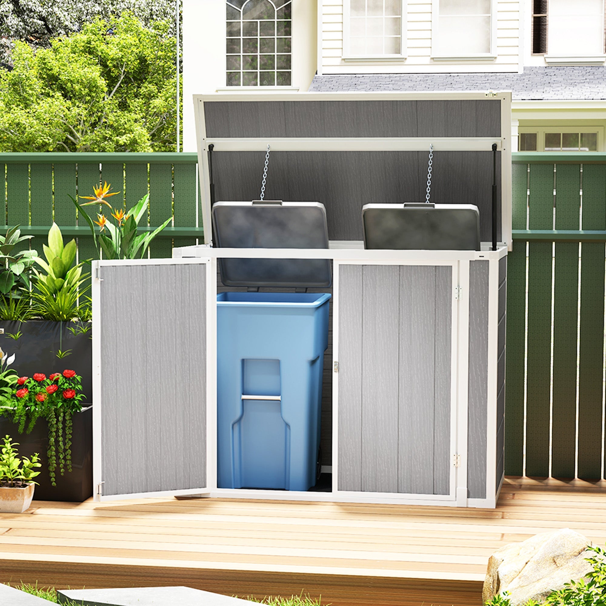 Outsunny 4.7 x 2.5FT Garden Shed, Double Bin Storage Shed with Lockable Doors, Outdoor Small Shed with Openable Lid for 2 Trash Cans, Garden Tools, Grey - SGP Garden Ltd