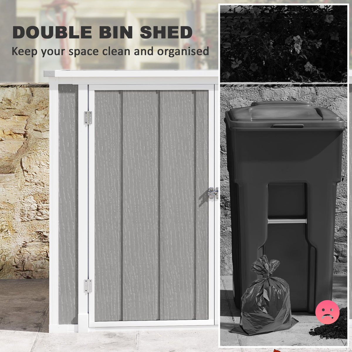 Outsunny 4.7 x 2.5FT Garden Shed, Double Bin Storage Shed with Lockable Doors, Outdoor Small Shed with Openable Lid for 2 Trash Cans, Garden Tools, Grey - SGP Garden Ltd