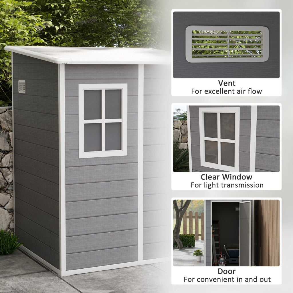 Outsunny 4'x5' Garden Storage Shed, Lean to Shed, Lockable Garden Shed with Window, Vent and Plastic Roof, Grey - SGP Garden Ltd