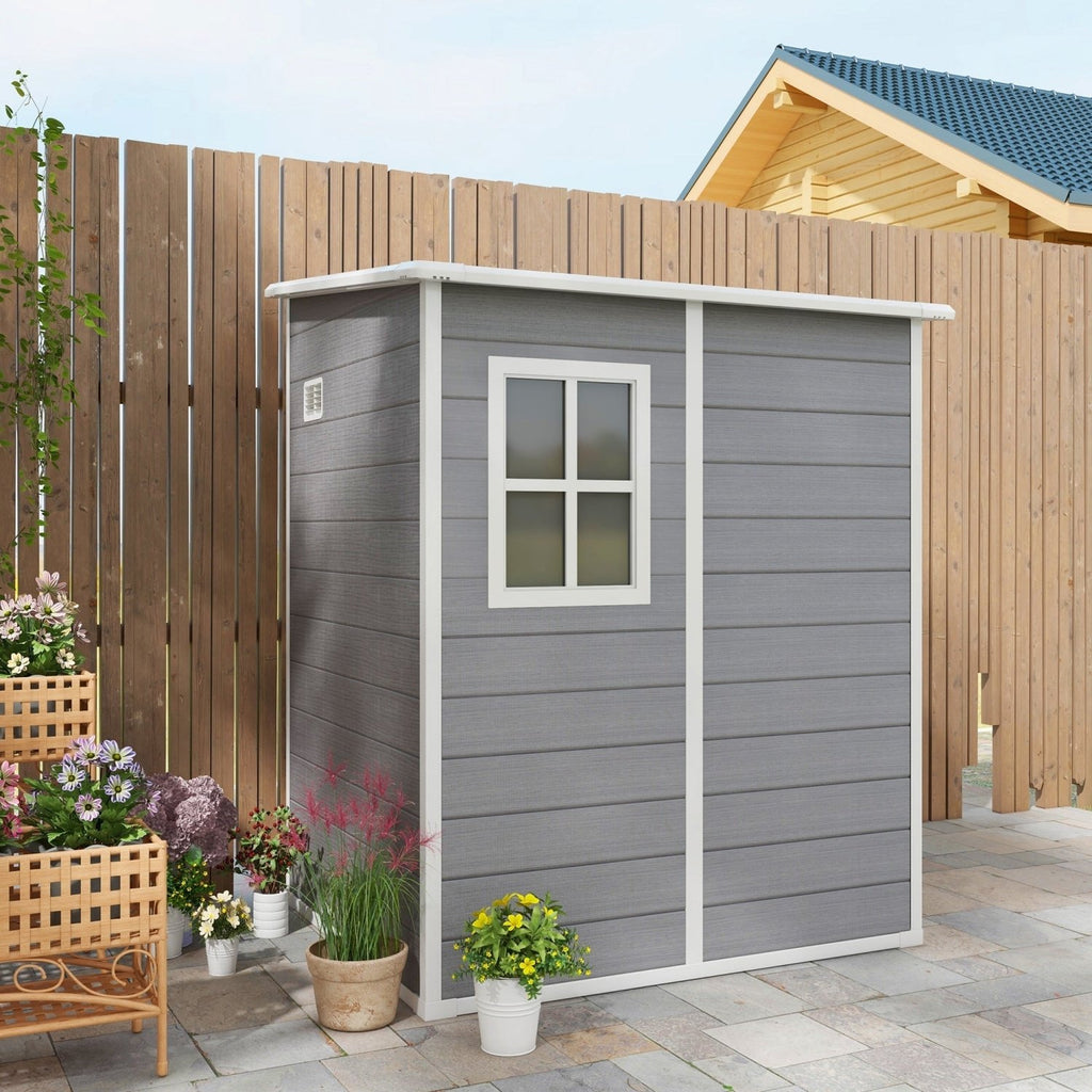 Outsunny 4'x5' Garden Storage Shed, Lean to Shed, Lockable Garden Shed with Window, Vent and Plastic Roof, Grey - SGP Garden Ltd