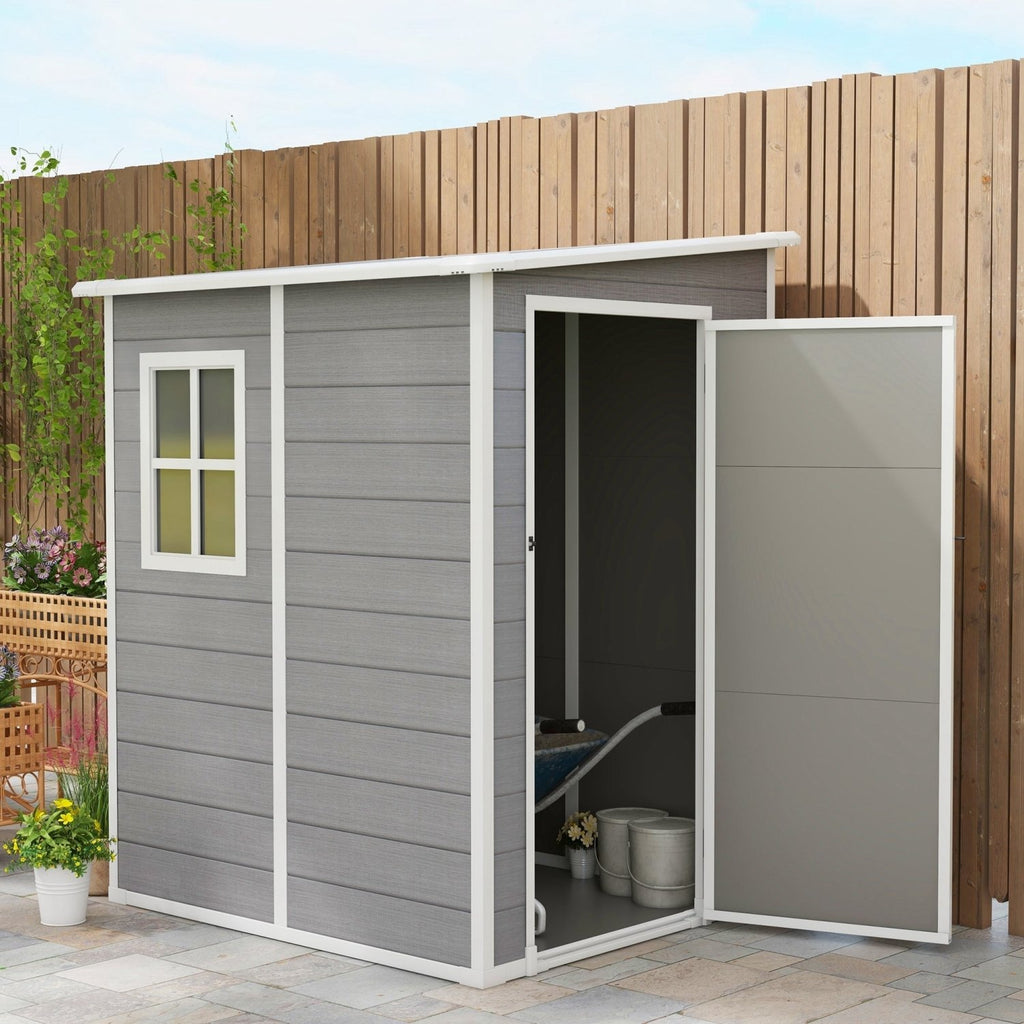 Outsunny 4'x5' Garden Storage Shed, Lean to Shed, Lockable Garden Shed with Window, Vent and Plastic Roof, Grey - SGP Garden Ltd