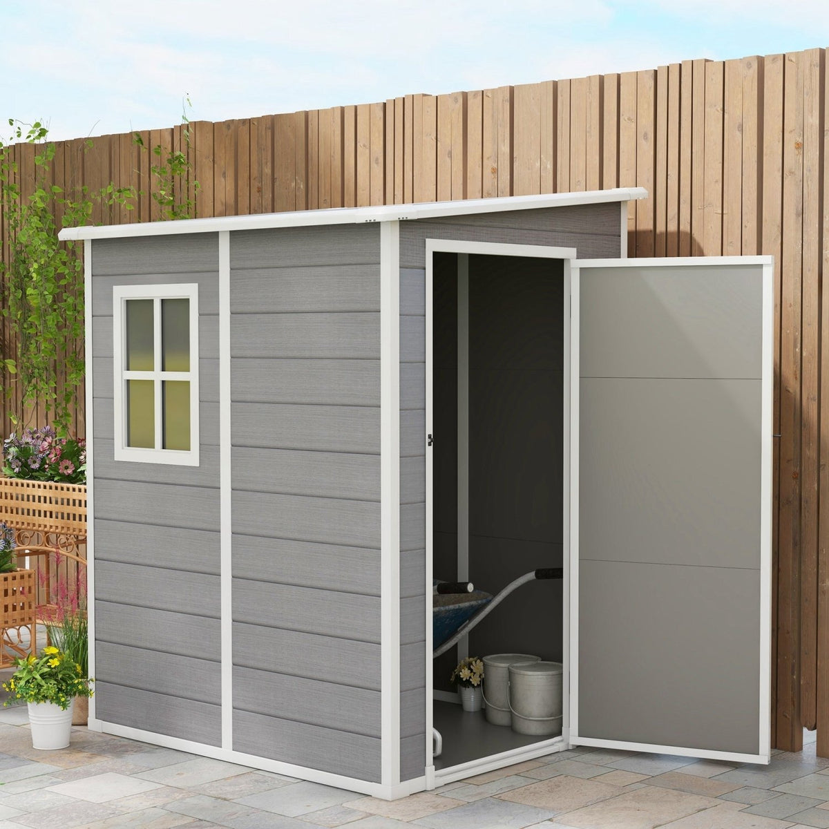 Outsunny 4'x5' Garden Storage Shed, Lean to Shed, Lockable Garden Shed with Window, Vent and Plastic Roof, Grey - SGP Garden Ltd