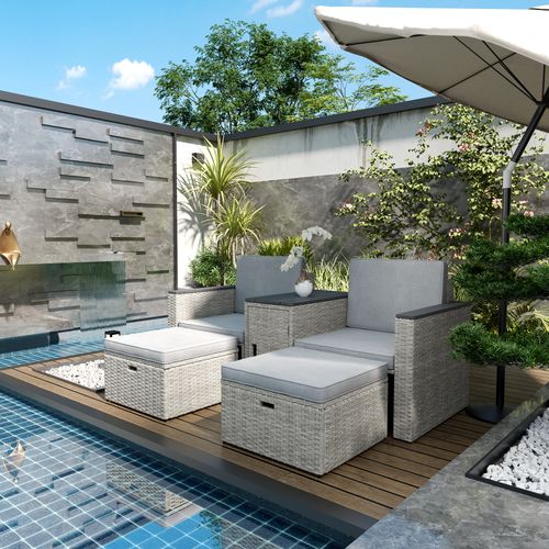 Outsunny 5 Piece Rattan Garden Furniture Set w/ Storage Table, Stools, Grey - SGP Garden Ltd