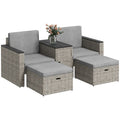 Outsunny 5 Piece Rattan Garden Furniture Set w/ Storage Table, Stools, Grey - SGP Garden Ltd