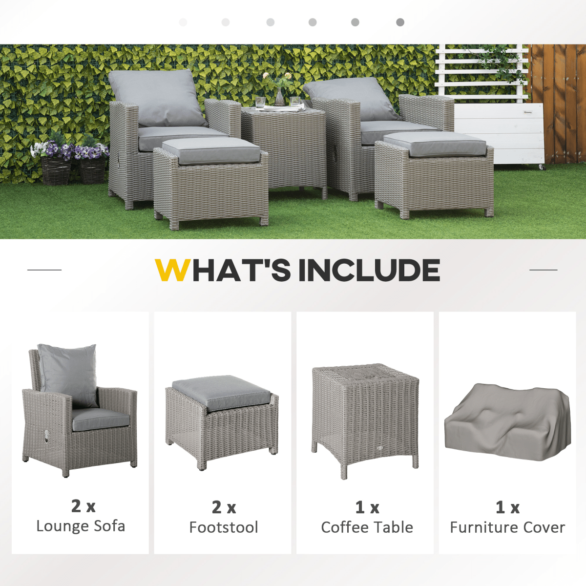 Outsunny 5 Pieces Outdoor PE Rattan Garden Furniture with Cushions, Patio Lounge Adjustable Backrest Chairs, - SGP Garden Ltd