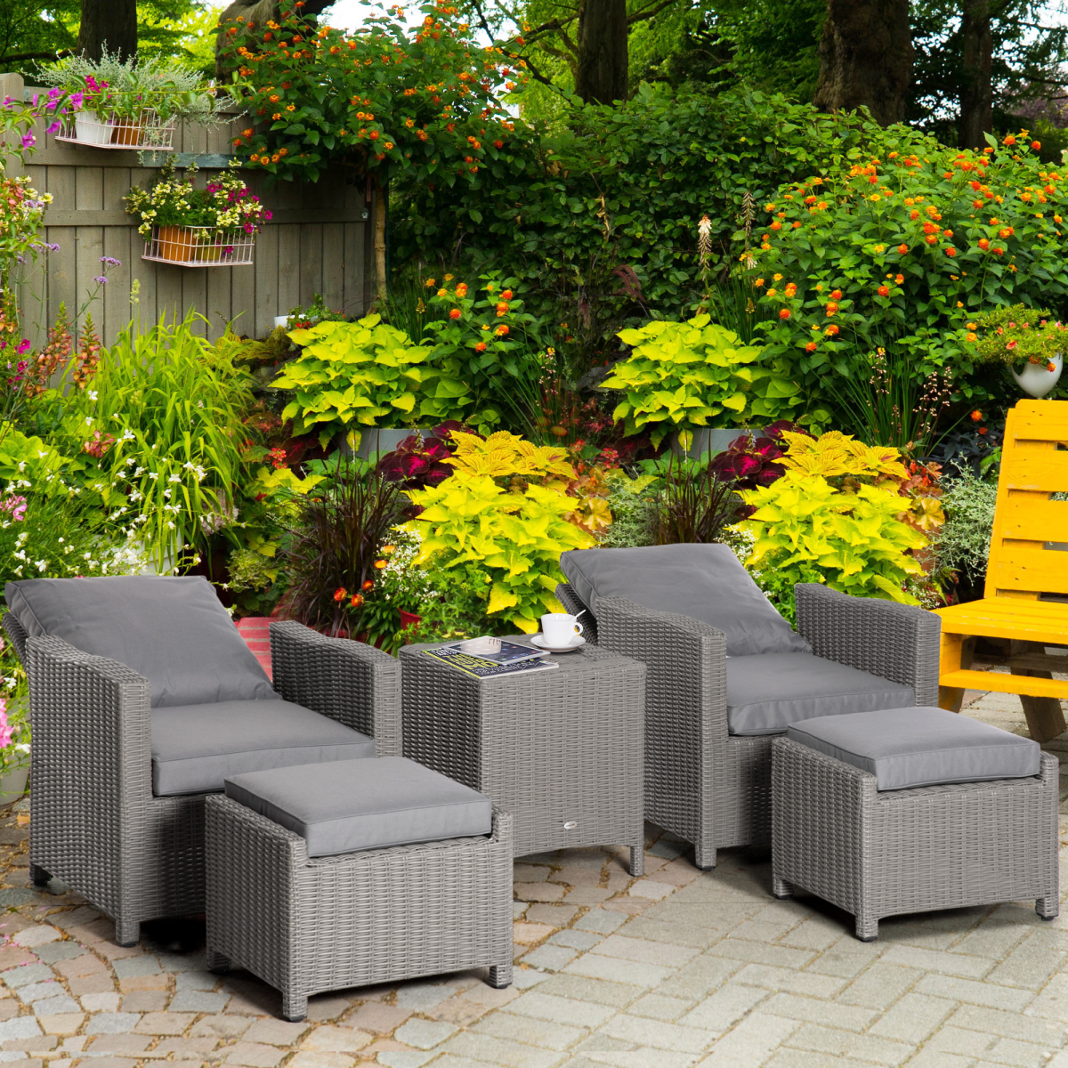 Outsunny 5 Pieces Outdoor PE Rattan Garden Furniture with Cushions, Patio Lounge Adjustable Backrest Chairs - SGP Garden Ltd