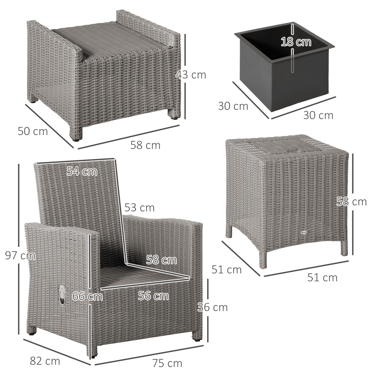 Outsunny 5 Pieces Outdoor PE Rattan Garden Furniture with Cushions, Patio Lounge Adjustable Backrest Chairs, - SGP Garden Ltd