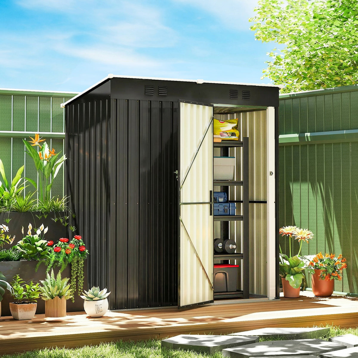 Outsunny 5 x 3 ft Lean-to Garden Shed, Outdoor Storage Shed with Lockable Door and Vents, Dark Grey - SGP Garden Ltd