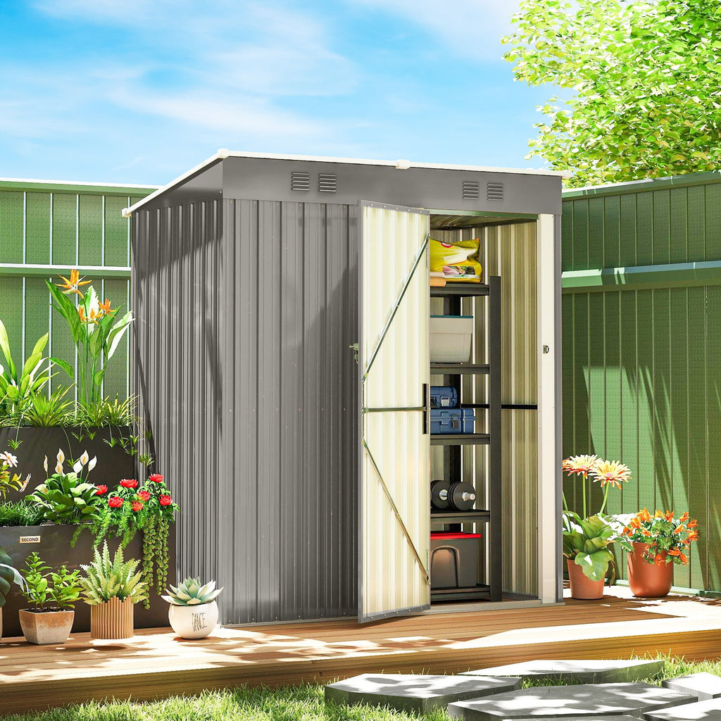 Outsunny 5 x 3 ft Lean-to Garden Shed, Outdoor Storage Shed with Lockable Door and Vents, Light Grey - SGP Garden Ltd