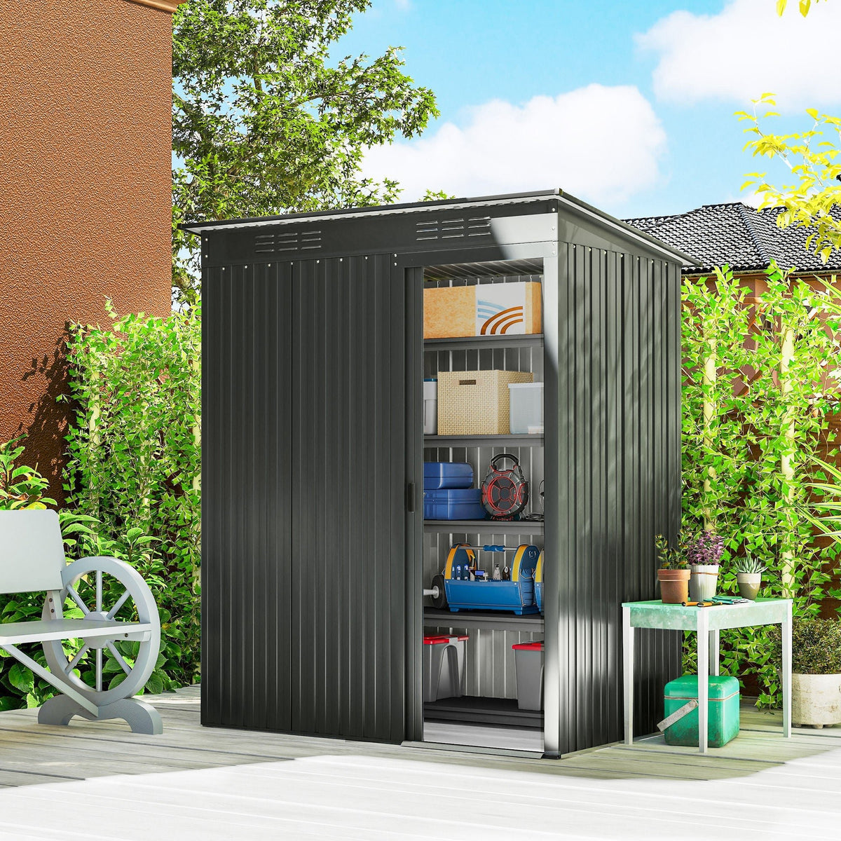 Outsunny 5 x 3.5ft Metal Garden Storage Shed with Effortless Assembly and 2 Pairs of Gloves, Waterproof Outdoor Shed, Dark Grey - SGP Garden Ltd