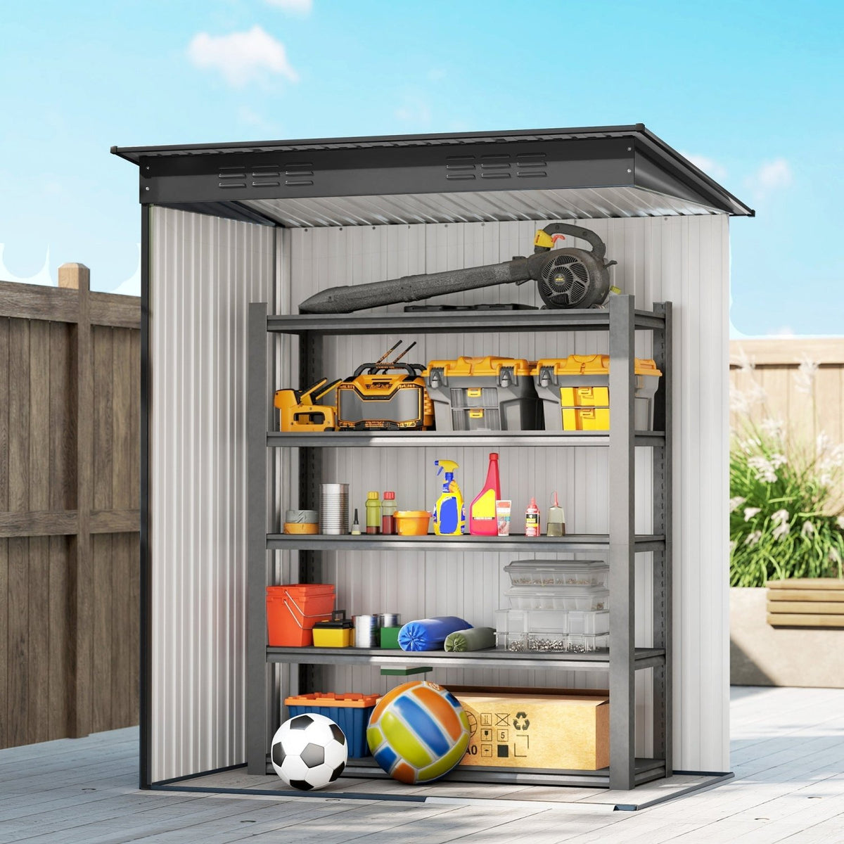 Outsunny 5 x 3.5ft Metal Garden Storage Shed with Effortless Assembly and 2 Pairs of Gloves, Waterproof Outdoor Shed, Dark Grey - SGP Garden Ltd