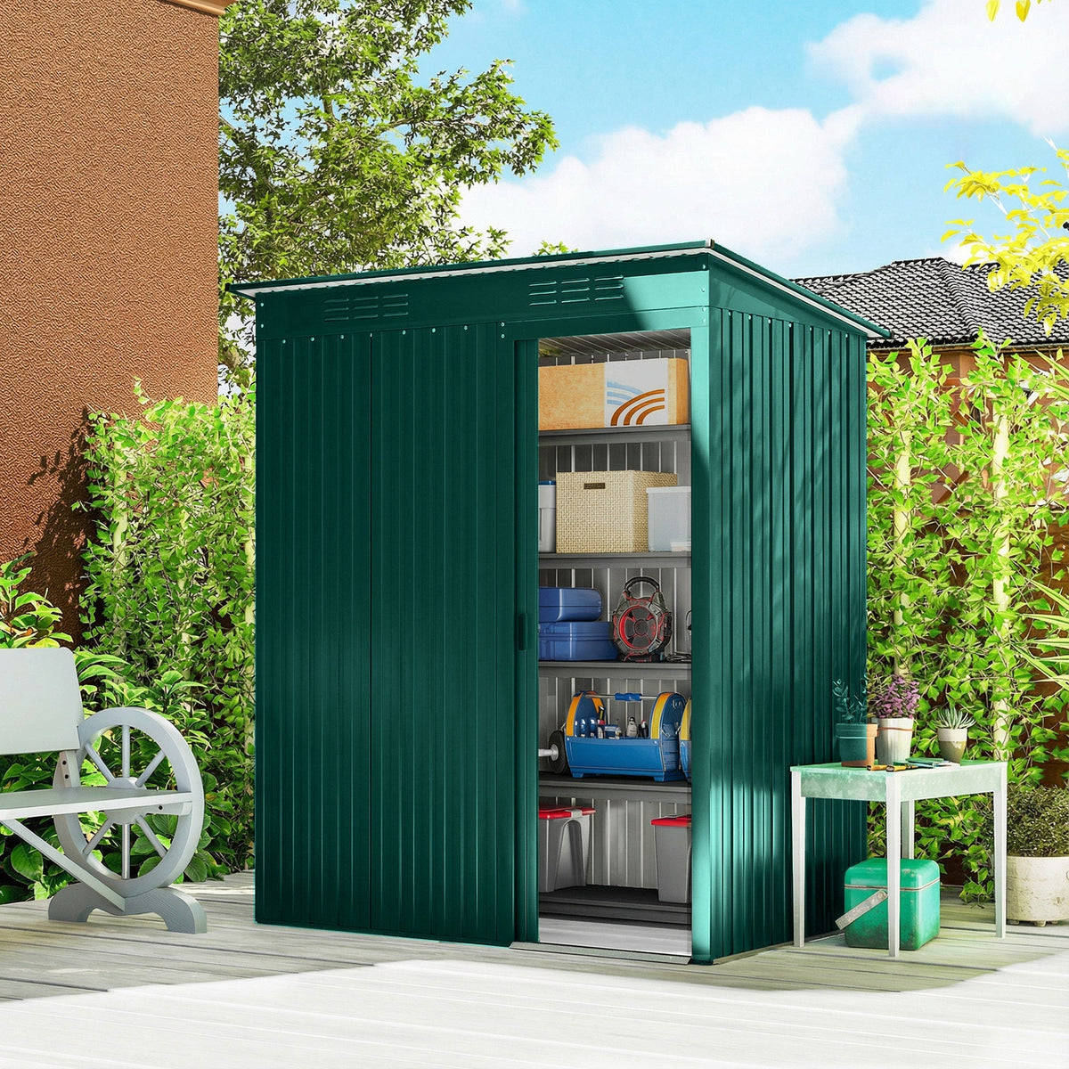 Outsunny 5 x 3.5ft Metal Garden Storage Shed with Effortless Assembly and 2 Pairs of Gloves, Waterproof Outdoor Shed, Green - SGP Garden Ltd