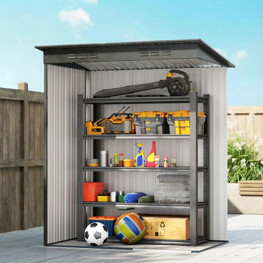 Outsunny 5 x 3.5ft Metal Garden Storage Shed with Effortless Assembly and 2 Pairs of Gloves, Waterproof Outdoor Shed, Light Grey - SGP Garden Ltd