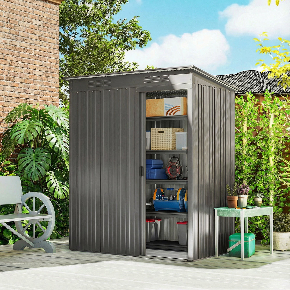 Outsunny 5 x 3.5ft Metal Garden Storage Shed with Effortless Assembly and 2 Pairs of Gloves, Waterproof Outdoor Shed, Light Grey - SGP Garden Ltd