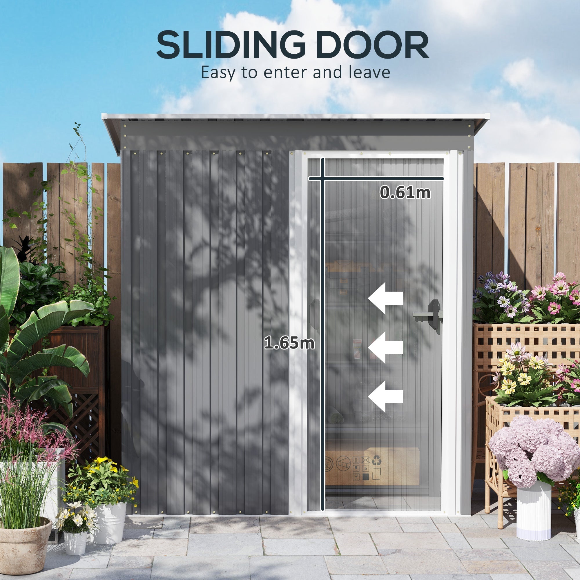 Outsunny 5 x 3ft Garden Storage Shed with Sliding Door and Sloped Roof Outdoor Equipment Tool, Light Grey - SGP Garden Ltd